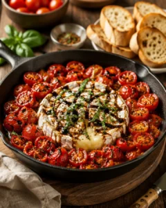 Cast-iron skillet holds baked brie surrounded by blistered cherry tomatoes and crusty bread on a rustic table.