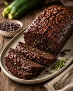 Moist chocolate zucchini bread with chocolate chips on a ceramic plate.