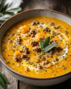 Creamy butternut squash soup with sausage chunks and sage garnish in a rustic bowl.