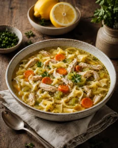 bowl of chicken tortellini soup with carrots and celery on a rustic wood table