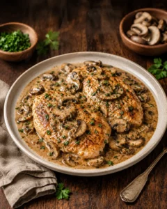 Two seared chicken breasts in creamy mushroom sauce, topped with mushroom slices and parsley, on a beige plate.