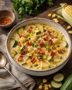 A hearty bowl of zucchini corn chowder garnished with bacon and herbs.