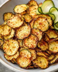 bowl of crispy, spiced zucchini chips with zucchini ribbons on the side