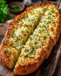 Golden garlic bread topped with herbs and cheese on a wooden tray.