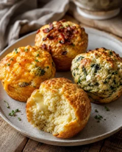 Golden-brown savory muffins with cheddar, bacon, and spinach on a rustic plate.