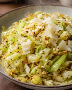 Steam rises from a gray ceramic bowl of parmesan-topped sautéed cabbage with red pepper flakes.