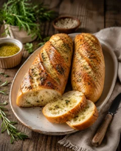Golden garlic herb French bread with sliced piece on rustic plate