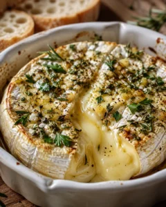 baked brie in a white dish, melted cheese oozing, garnished with parsley and thyme, bread slices nearby