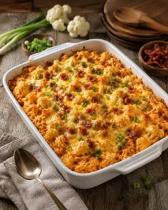 white baking dish of golden cheesy cauliflower casserole topped with bacon and green onions on a rustic wooden table