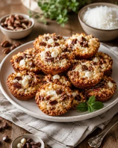 Stack of coconut-pecan macaroon cups with white chocolate chips on a plate.