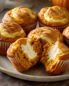 close-up of pumpkin muffins with cream-cheese centers on a ceramic plate