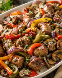 Tray of browned sausage, peppers, onions, mushrooms and herbs in a rustic one-pan dish