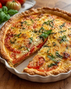 Golden-brown quiche topped with tomatoes and basil on a wooden table