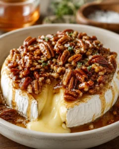 Creamy baked brie with caramelized pecans on a white plate