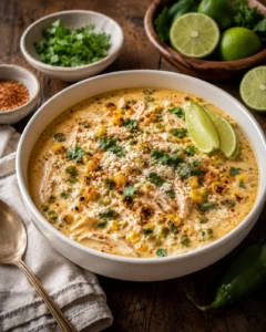 Creamy corn and chicken soup in a white bowl, topped with cilantro and lime wedge.