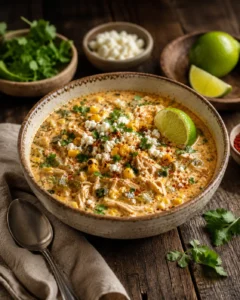 Creamy corn and chicken soup in a rustic bowl, garnished with cilantro and cotija, lime wedge.