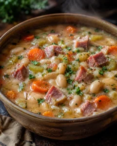 Steaming ham and white-bean soup with carrots and parsley in a rustic brown pot.