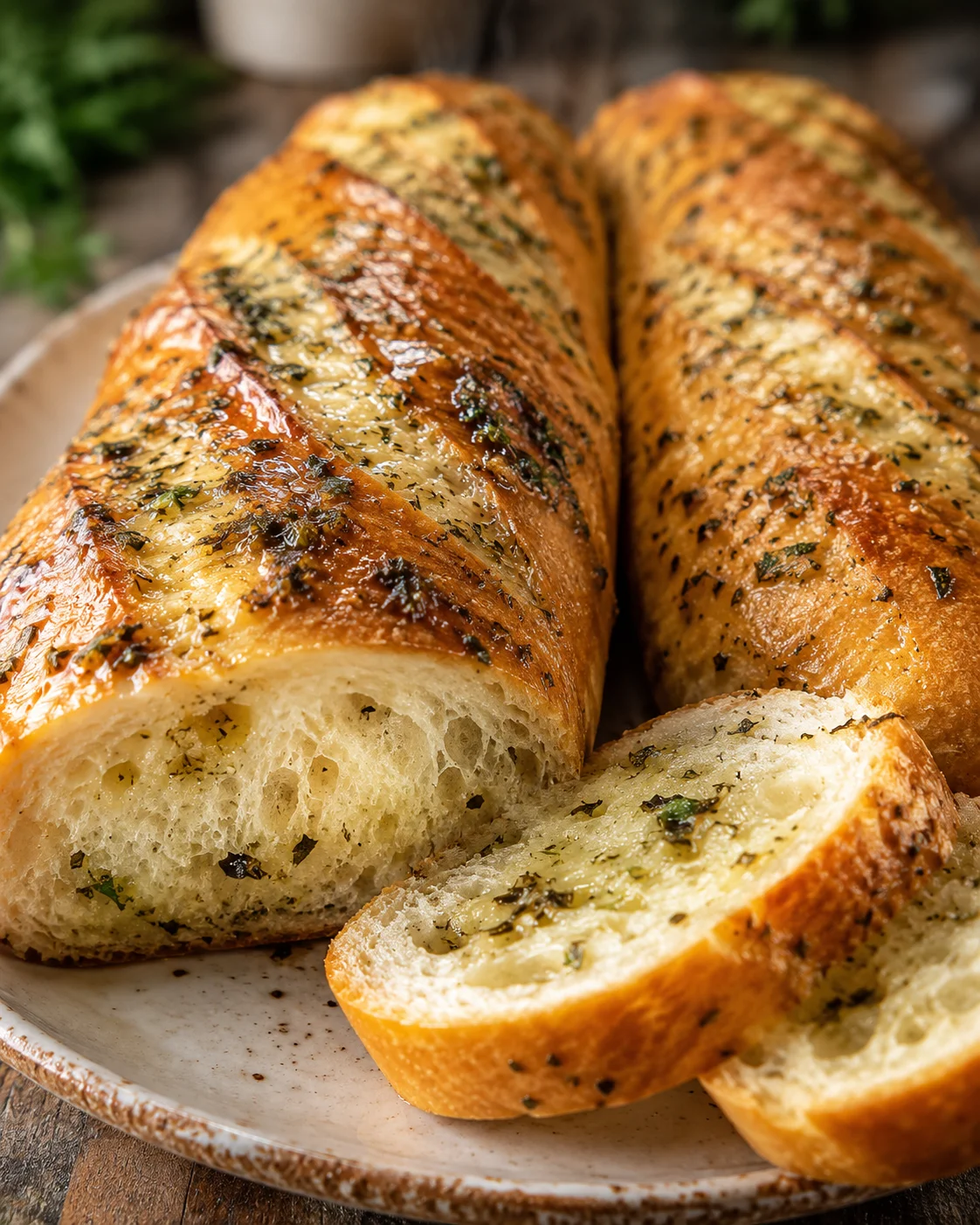 Golden garlic herb French bread with a crispy crust and fresh herb topping