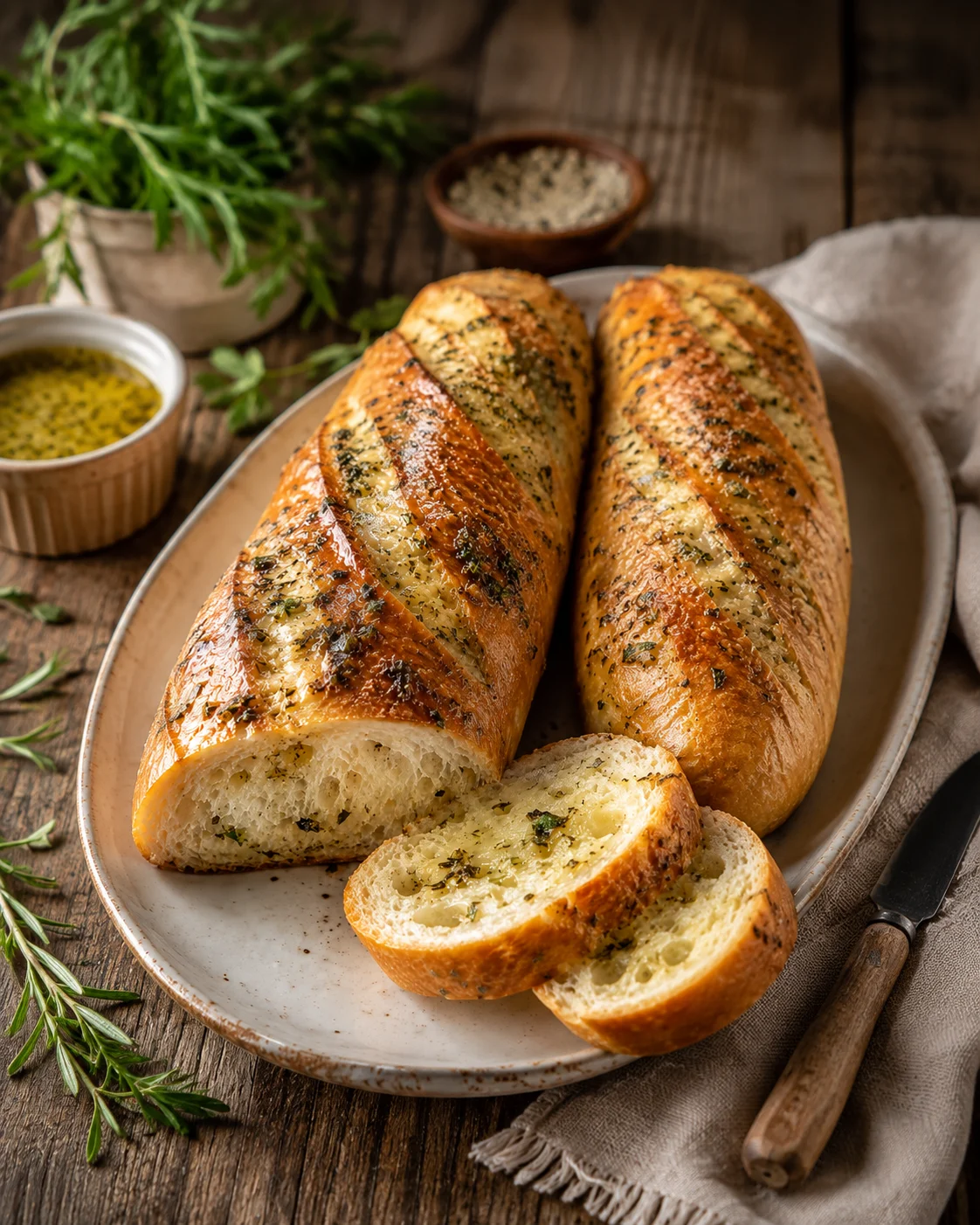 Golden garlic herb French bread with sliced piece on rustic plate