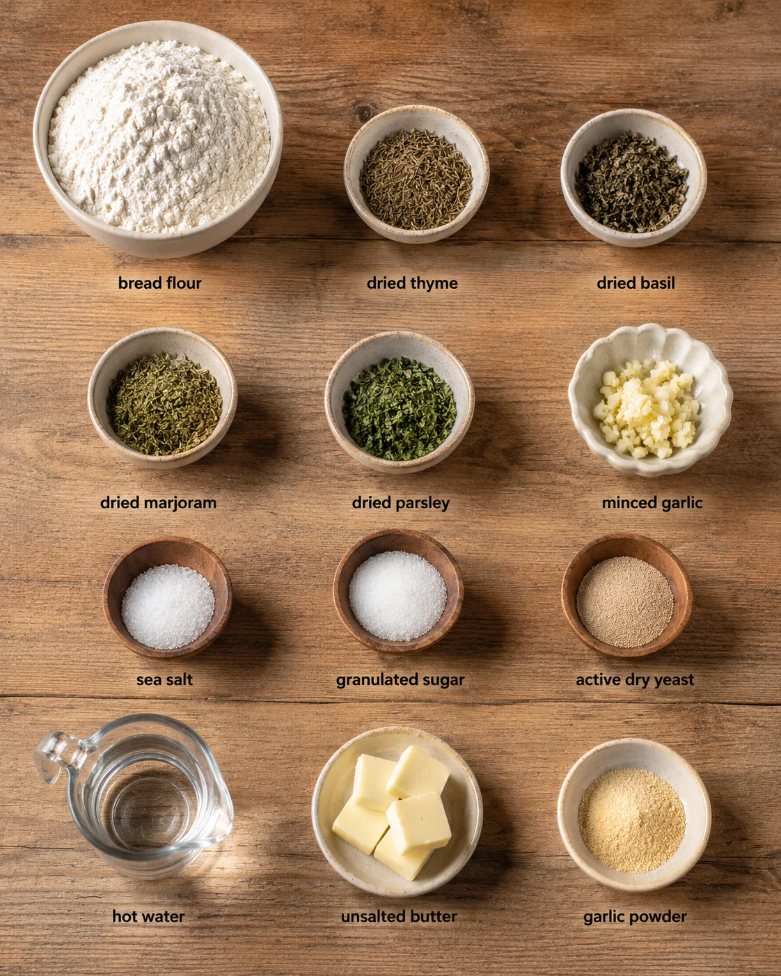 Unassembled ingredients for garlic herb French bread on a wooden surface.