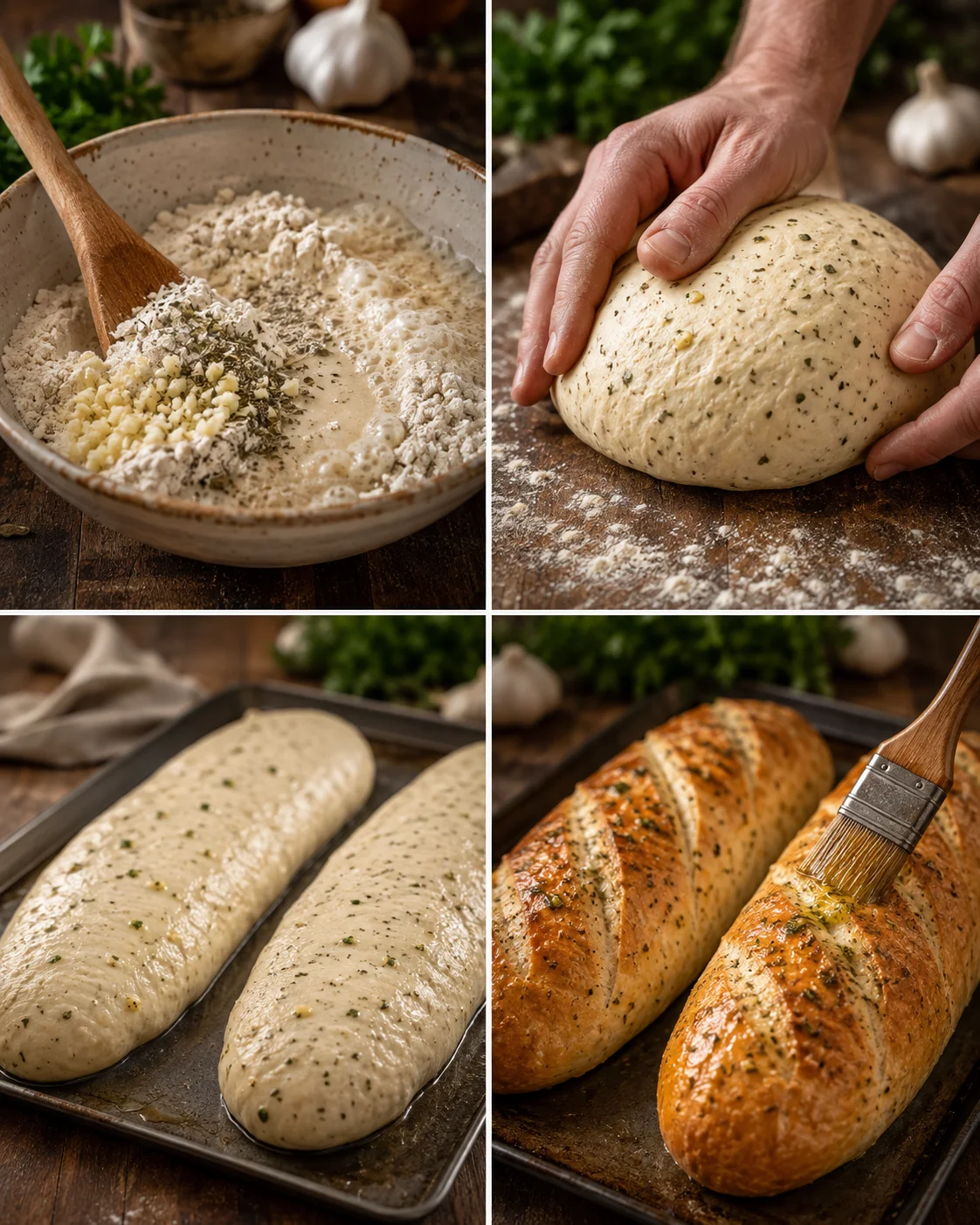Freshly baked garlic herb bread with a golden crust and herb butter topping.