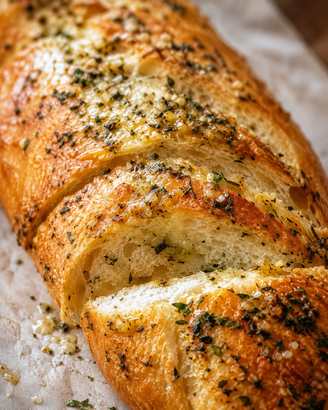 Freshly baked garlic herb bread with a golden crust and herb butter topping