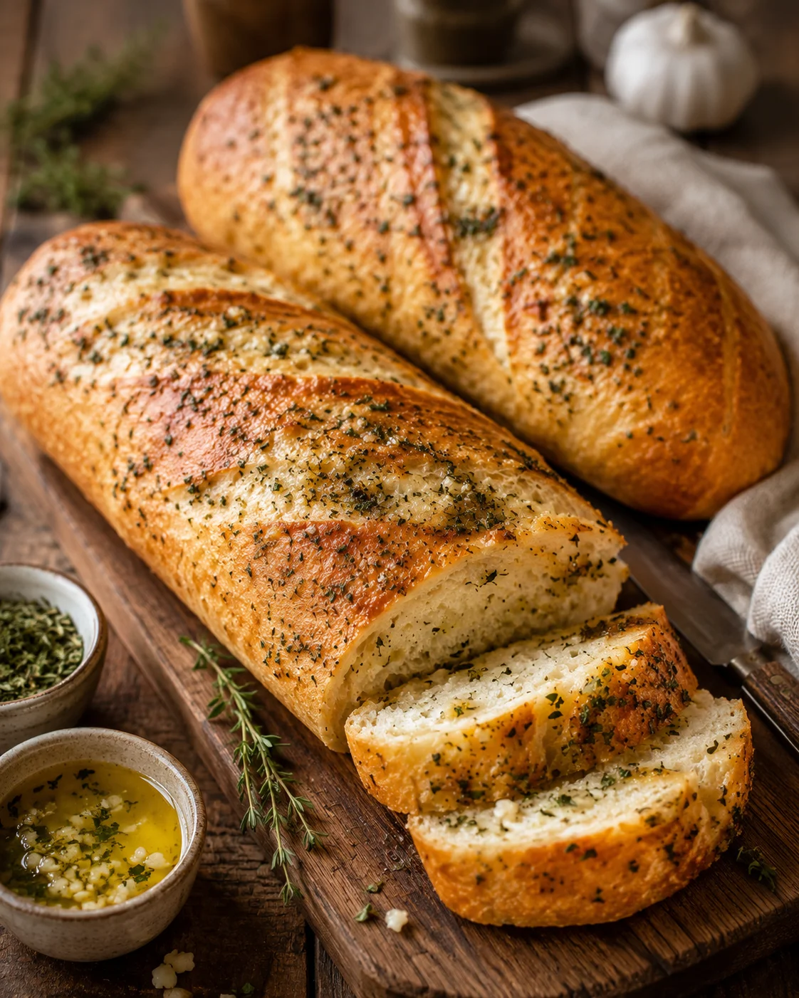 Freshly baked garlic herb French bread with golden crust and herb topping.