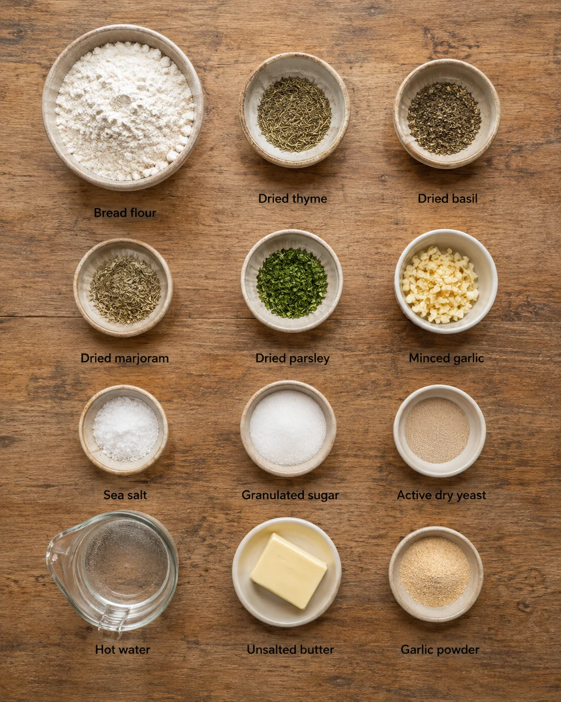 Collection of ingredients including herbs, garlic, flour, and butter for garlic herb bread.