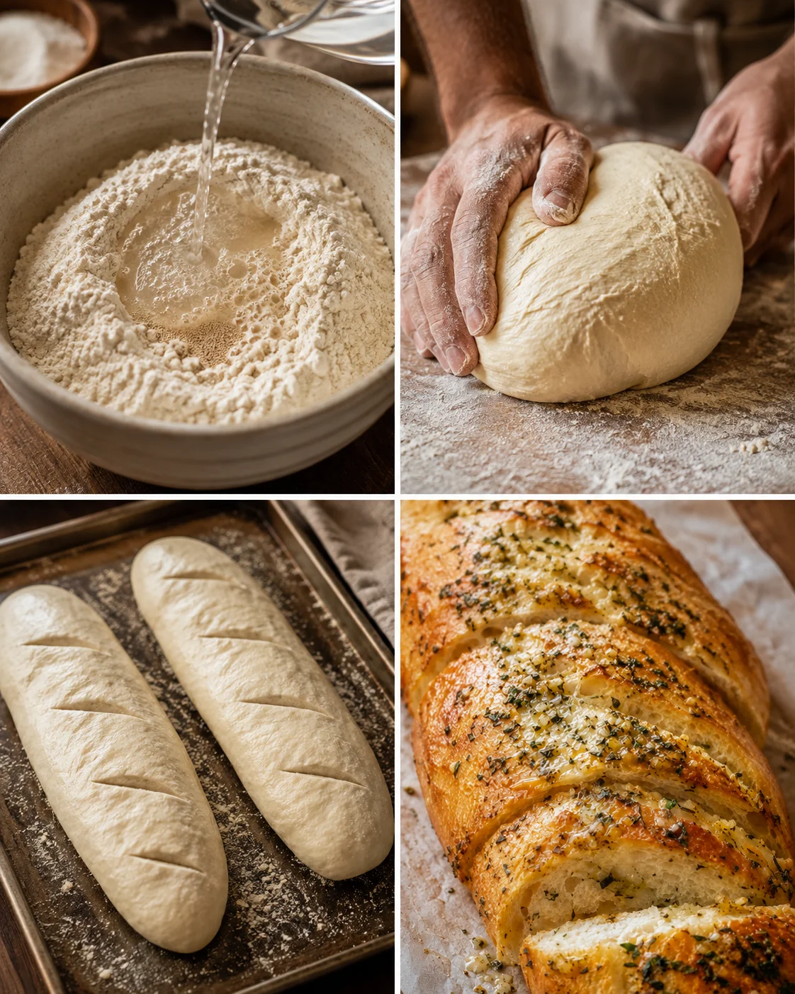 Freshly baked garlic herb bread with golden crust and fragrant herbs.
