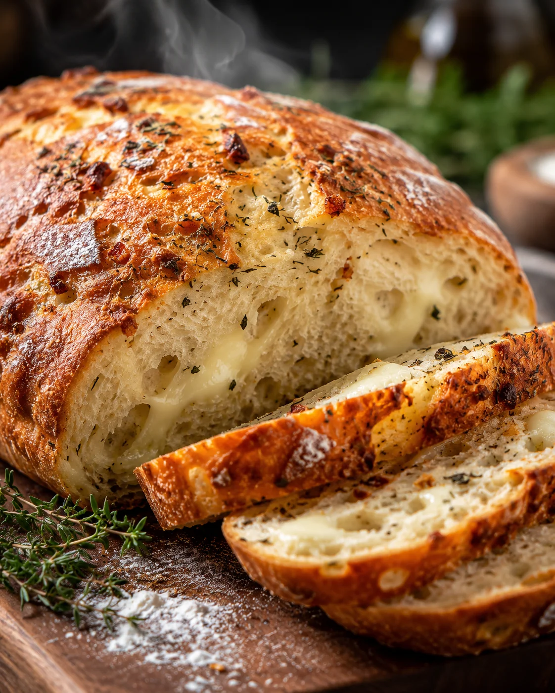 Beautifully baked Italian herbs and cheese bread with melted cheese and herbs on top