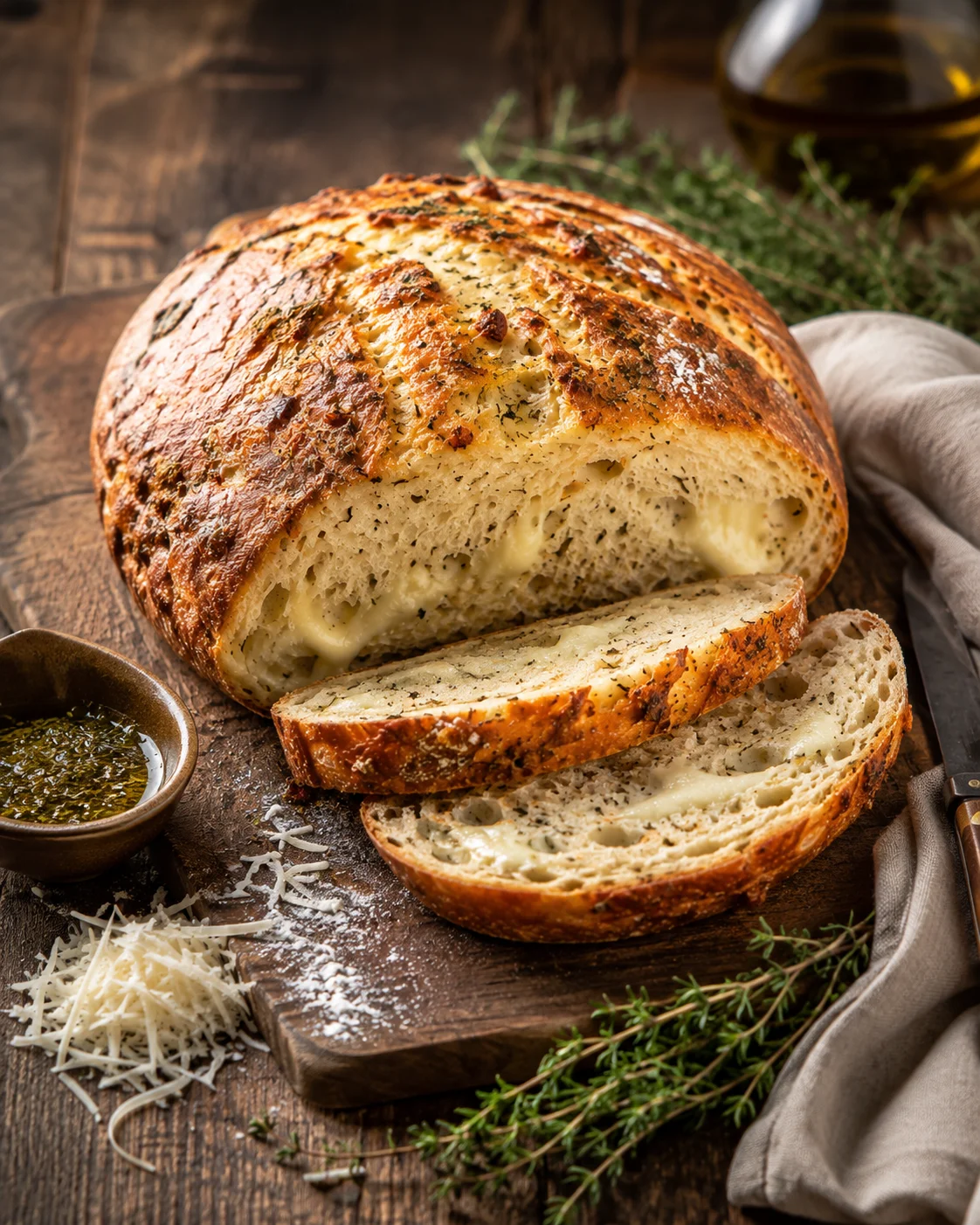 Savory Italian herbs and cheese bread with melted cheese and fresh herbs