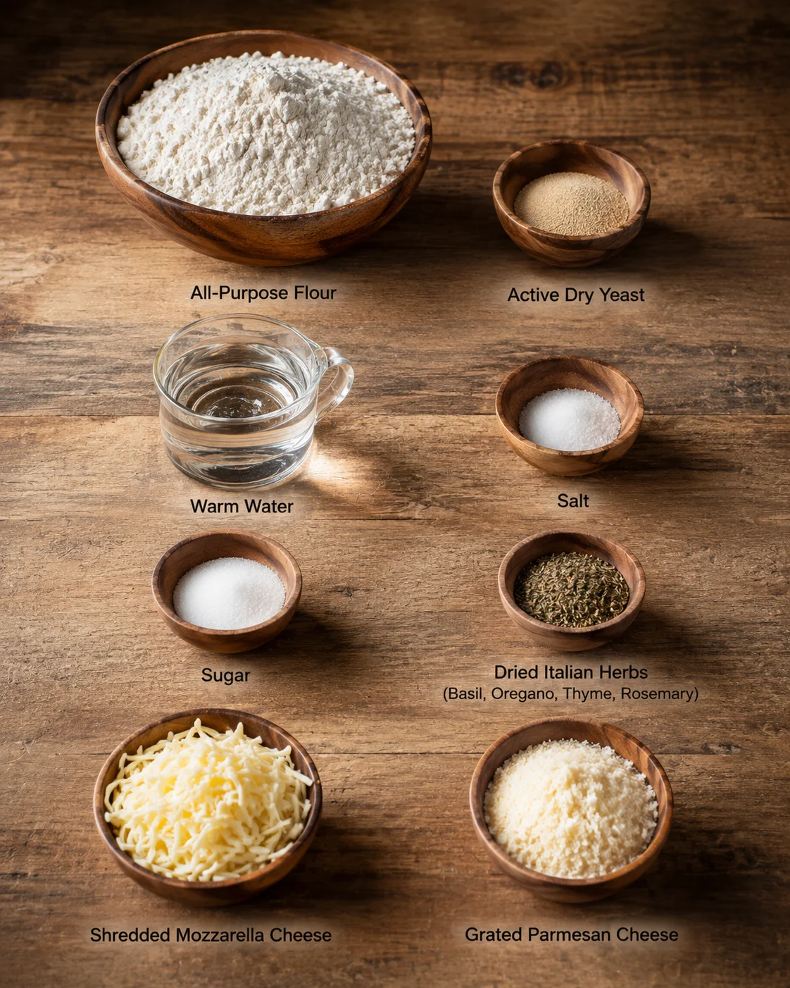 Various ingredients for Italian herbs and cheese bread arranged on a wooden surface.