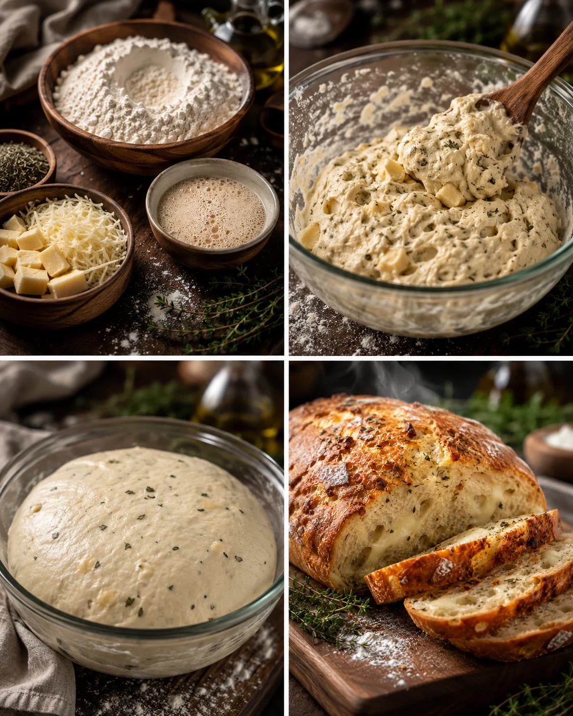 Step-by-step photos of making Italian herbs and cheese bread from ingredients to baked loaf
