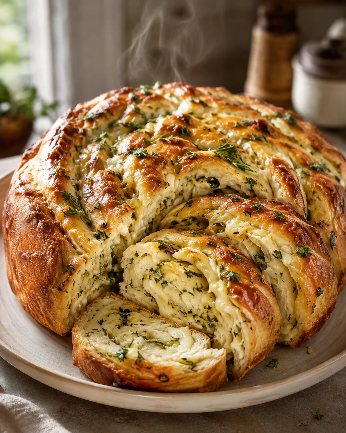 Swirled Garlic Herb and Cheese Bread Golden baked bread filled with garlic, herbs, and melted cheese, sliced for serving.