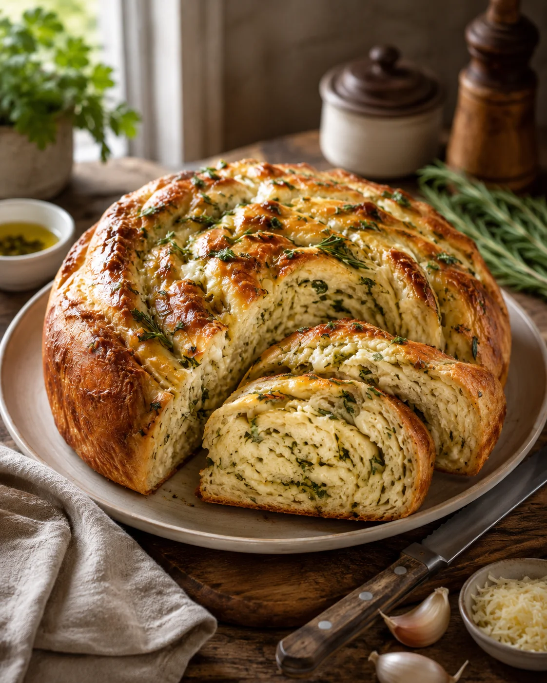 Close-up of a freshly baked, golden swirled garlic herb and cheese bread loaf with melted cheese