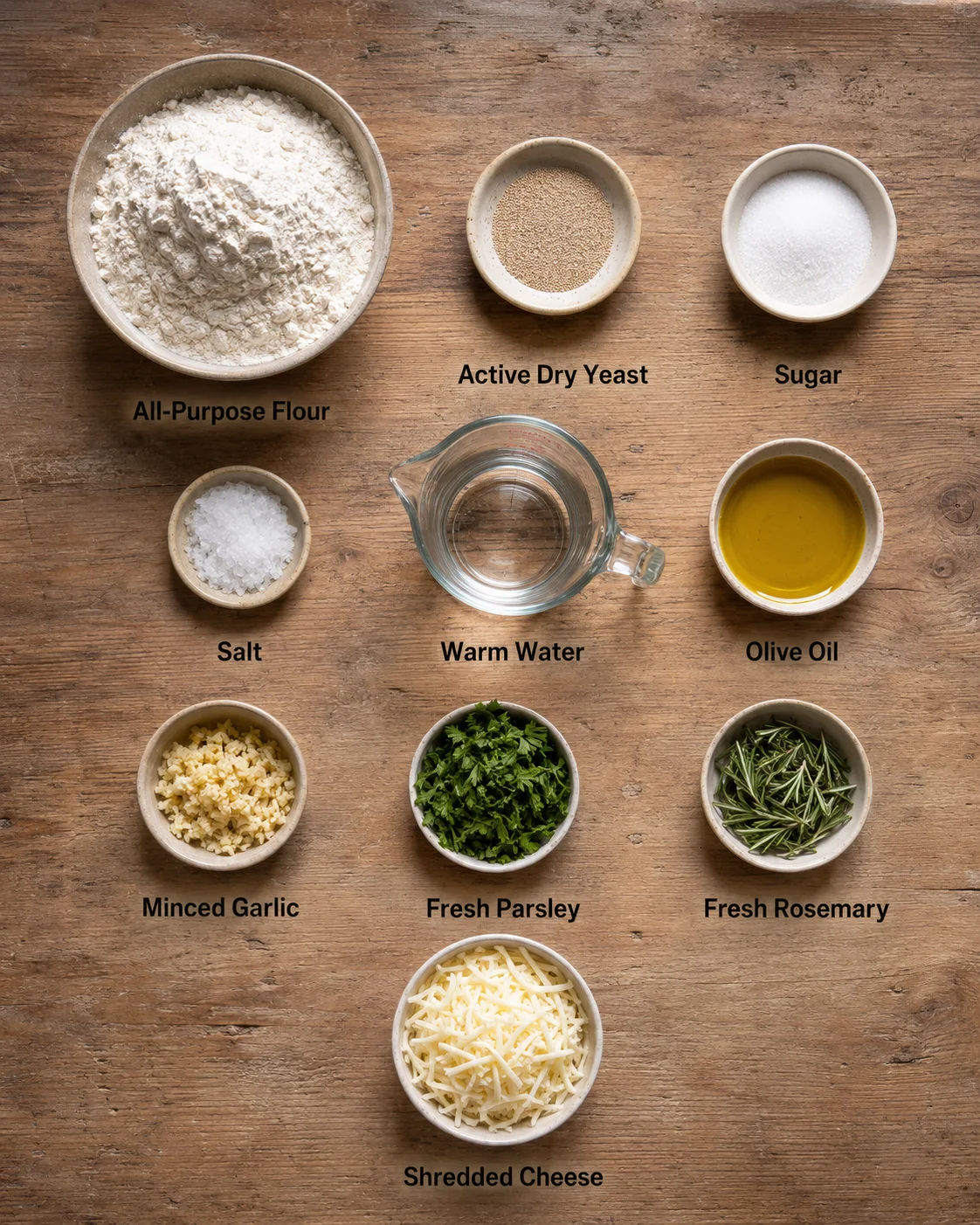 A flat lay of ingredients for garlic herb and cheese bread on a wooden surface