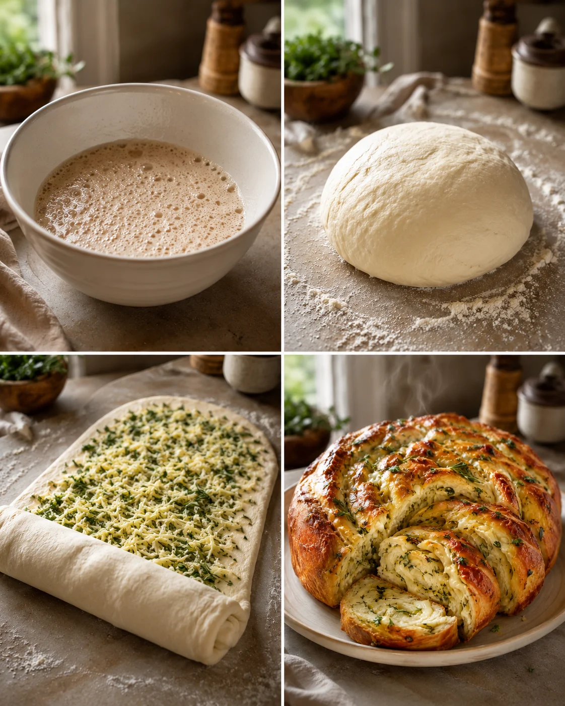 Prepare and bake a flavorful swirl bread with garlic, herbs, and cheese.