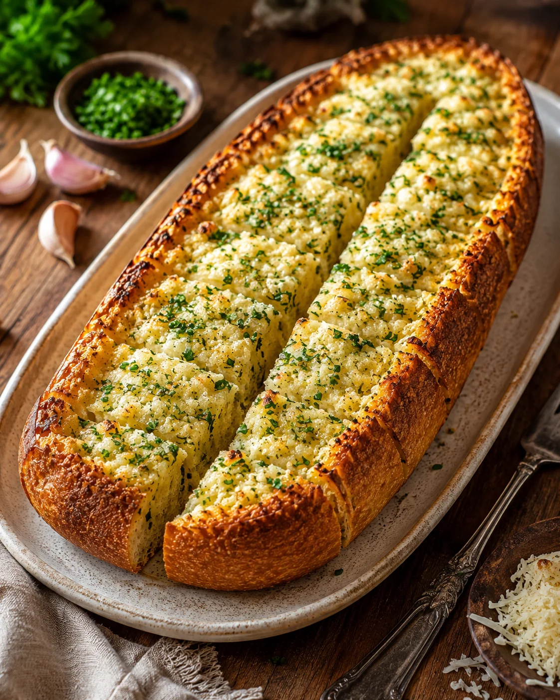 Golden baked garlic bread topped with herbs and cheese on a white platter.