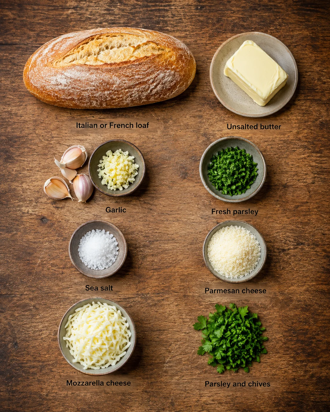 Measured ingredients arranged for The Best Garlic Bread You’ll Ever Eat: 1 pound Italian loaf or French loaf, 1/2 cup softened unsalted butter (can also use salted)*, 4 cloves garlic, finely minced, 1 tablespoon finely c
