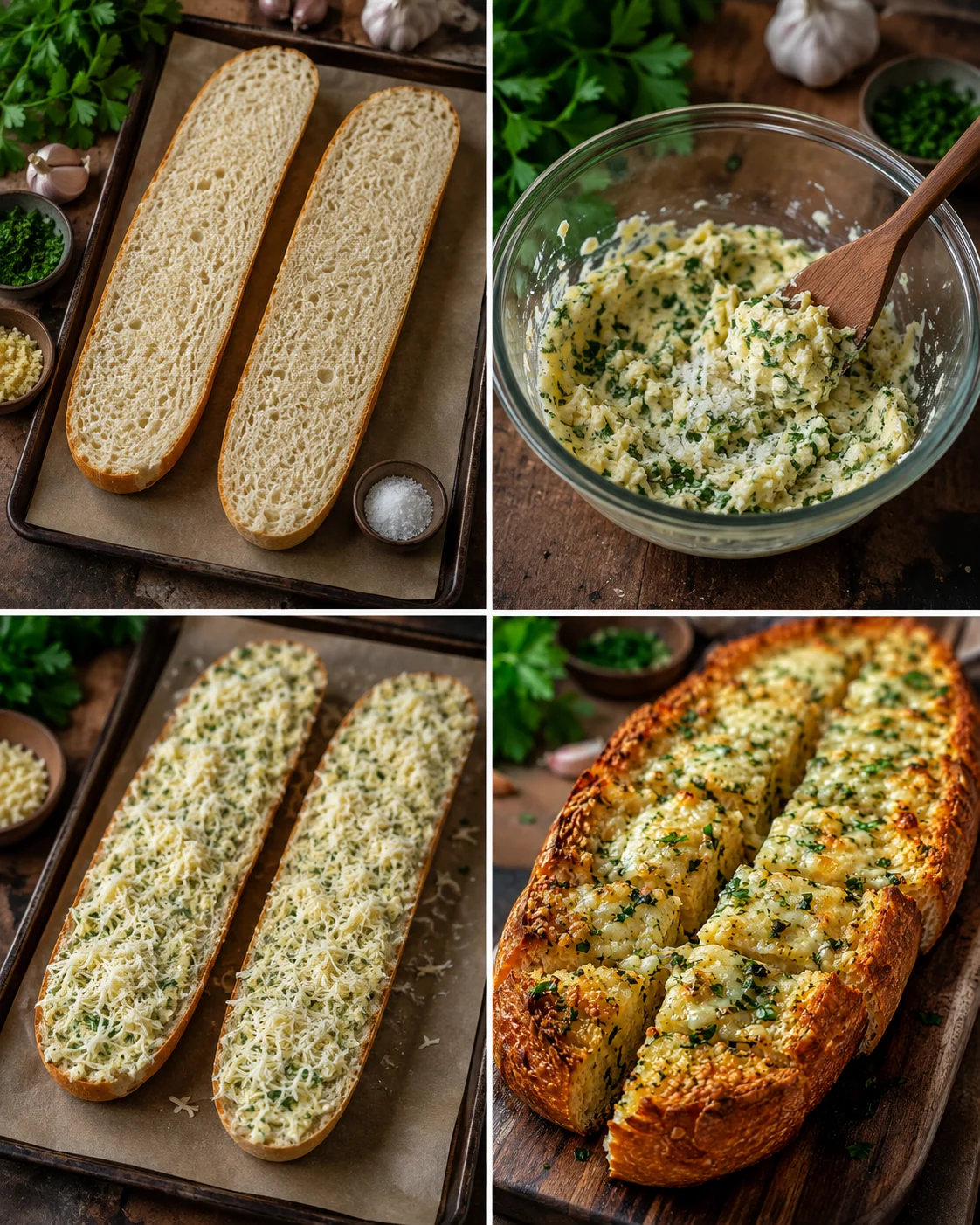 Slice of garlic bread topped with herbs and cheese ready to bake