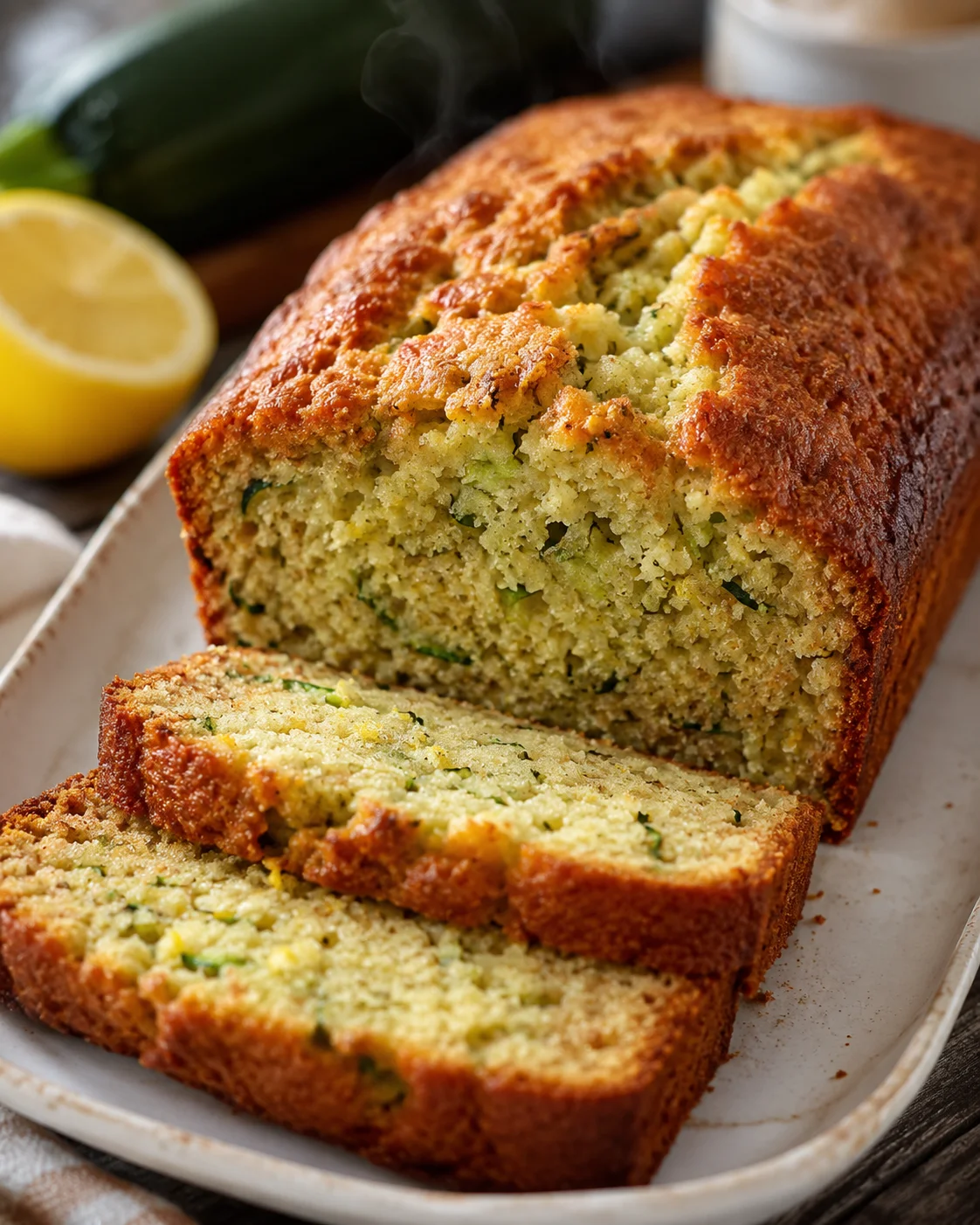 Freshly baked lemon zucchini bread with slices on a white plate.