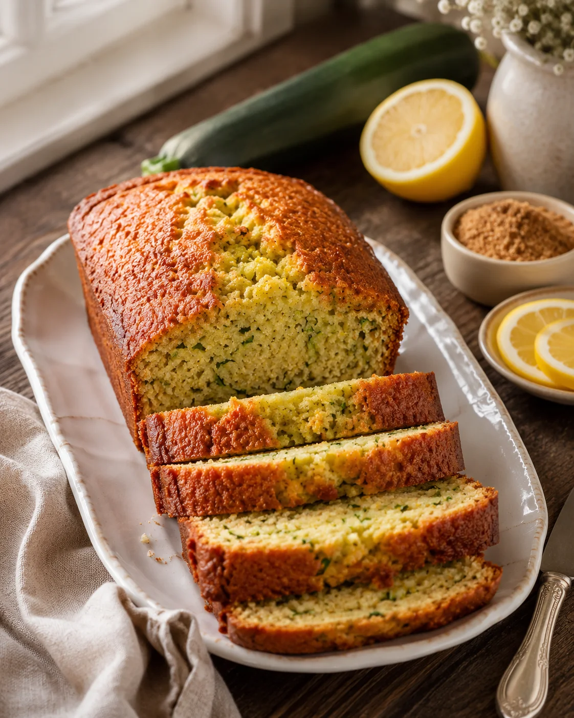 Freshly baked lemon zucchini bread with slices on a white platter.