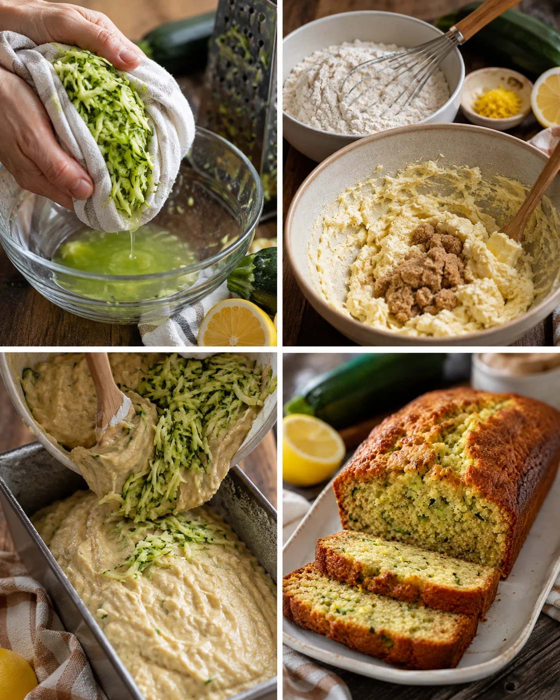 Bustling kitchen preparing bright lemon zucchini bread with grated zucchini and lemon zest.