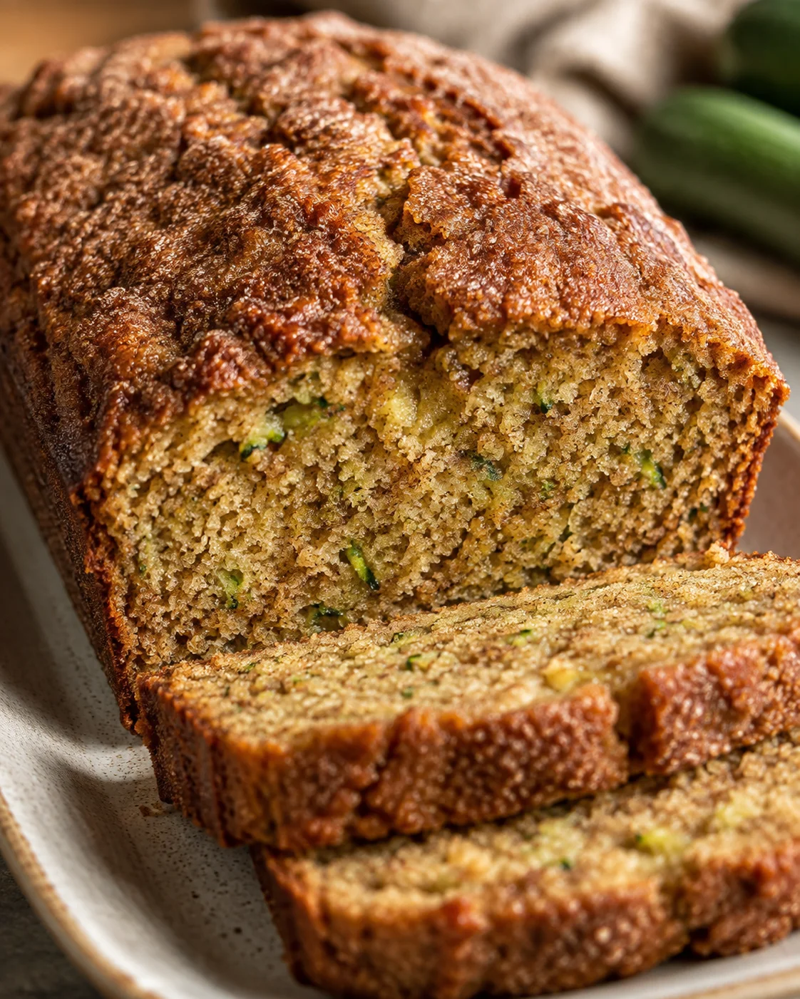 Snickerdoodle Zucchini Bread Close-up of moist snickerdoodle zucchini bread with cinnamon sugar crust.