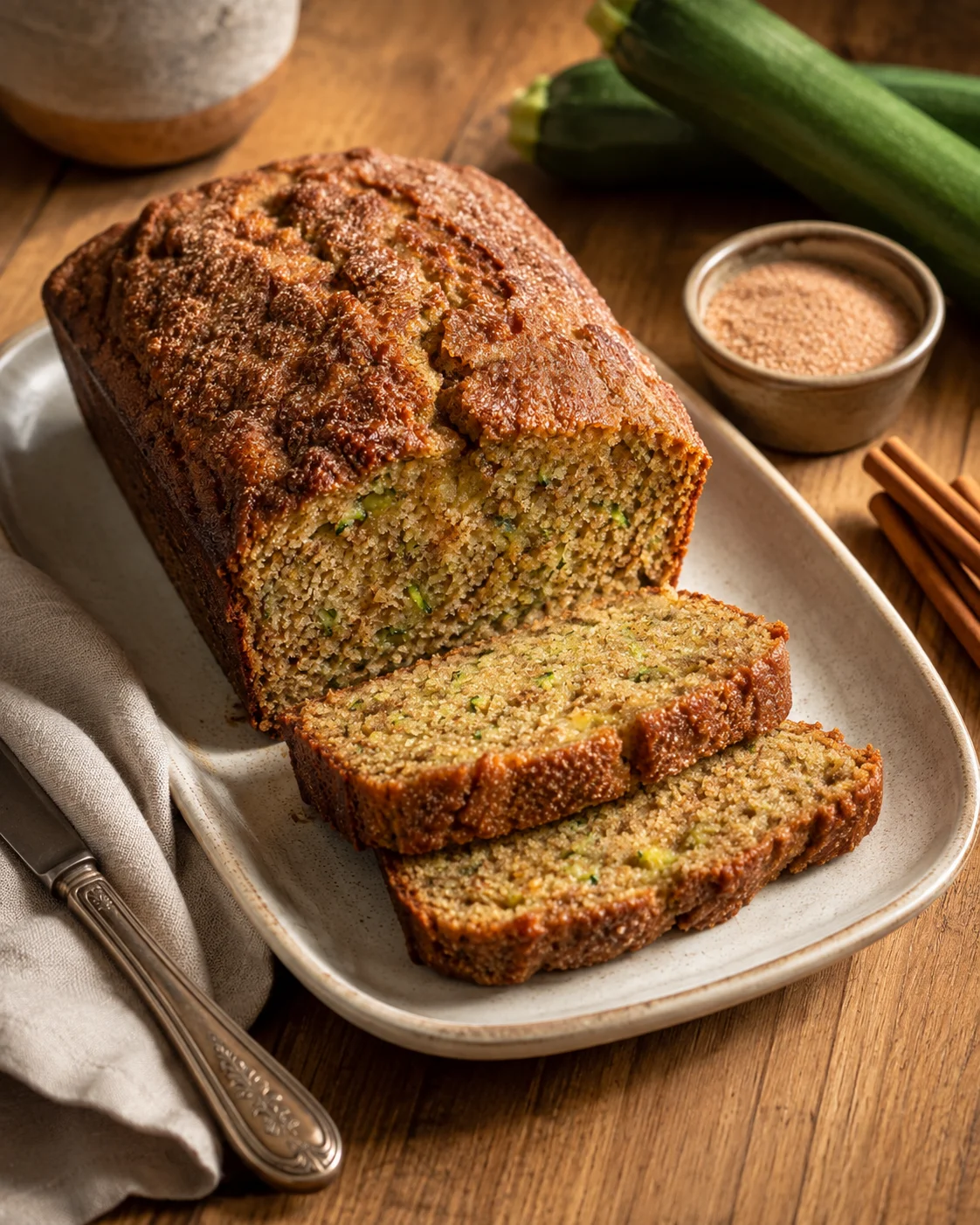 Freshly baked moist zucchini snickerdoodle bread on a rustic platter with ingredients around.