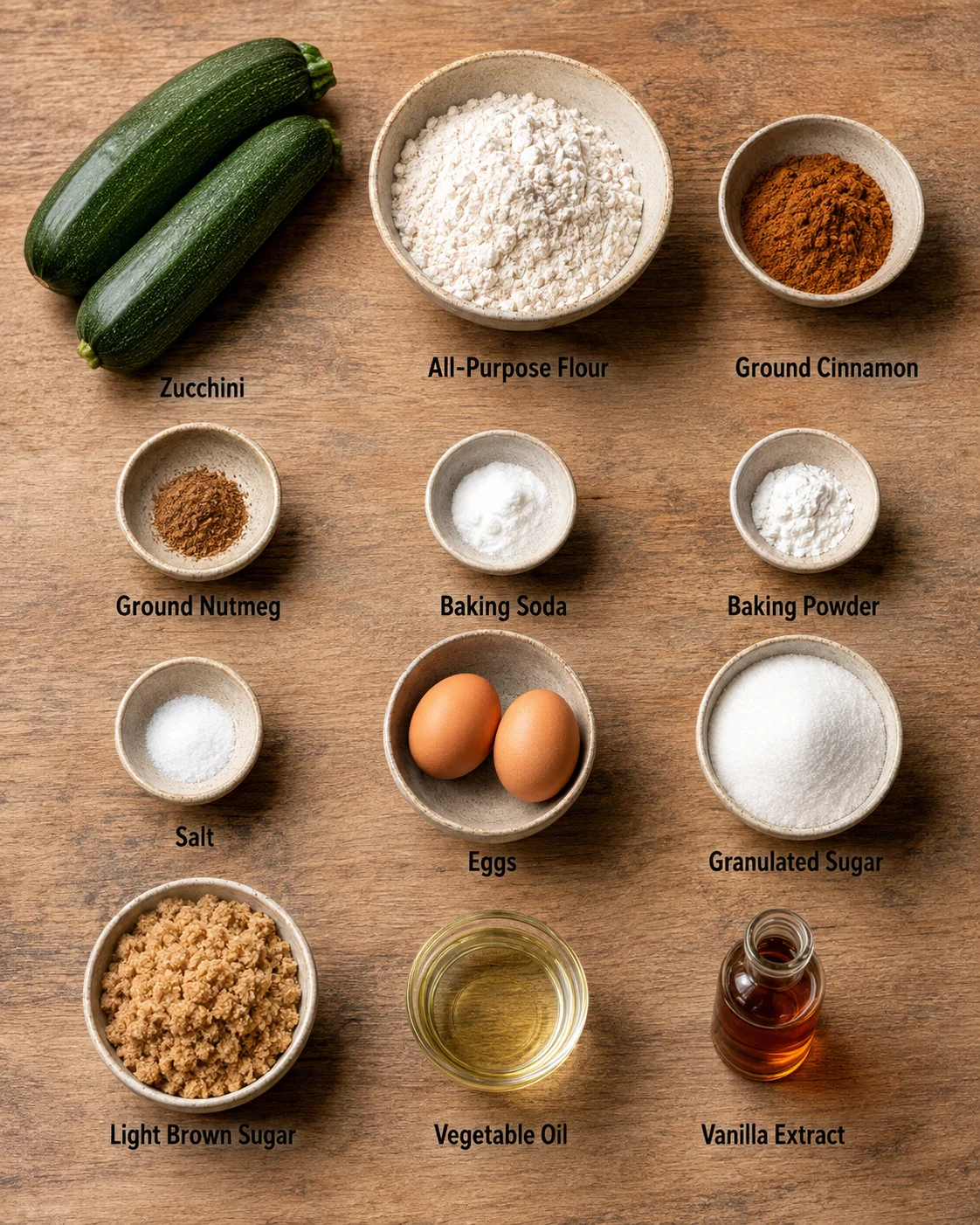 Photo of zucchini, flour, cinnamon, and other baking ingredients for bread.