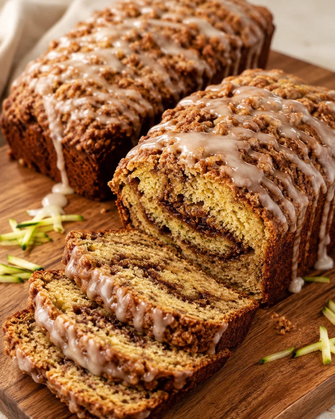 Freshly sliced zucchini bread with cinnamon swirl and glaze on a wooden board.