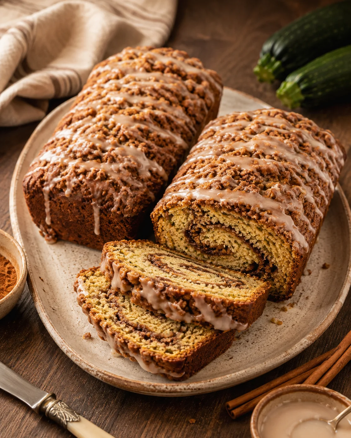 Delicious zucchini bread with a cinnamon swirl and crumbly topping topped with glaze.