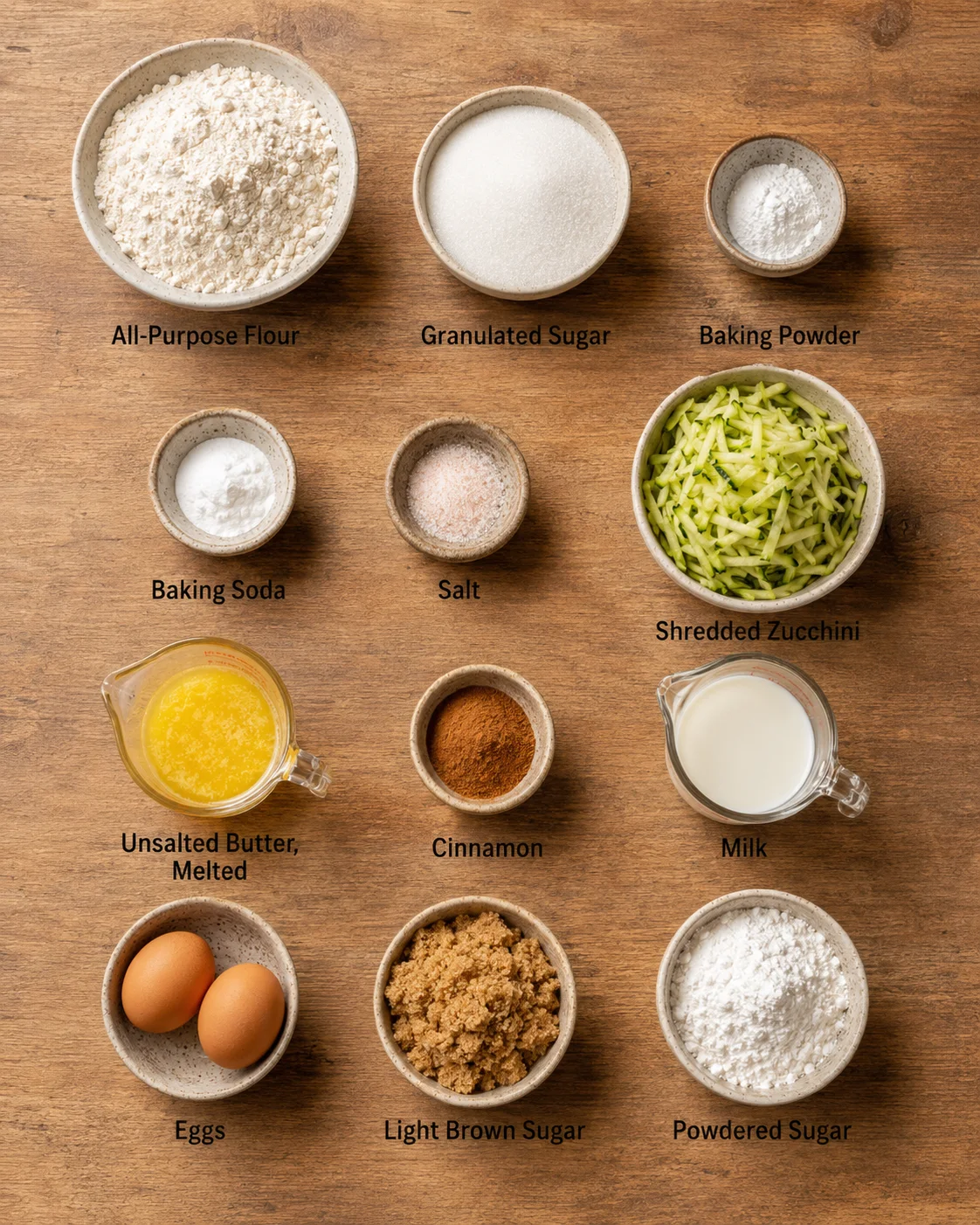 Bowl with shredded zucchini, cinnamon, sugar, and flour ingredients for zucchini bread.