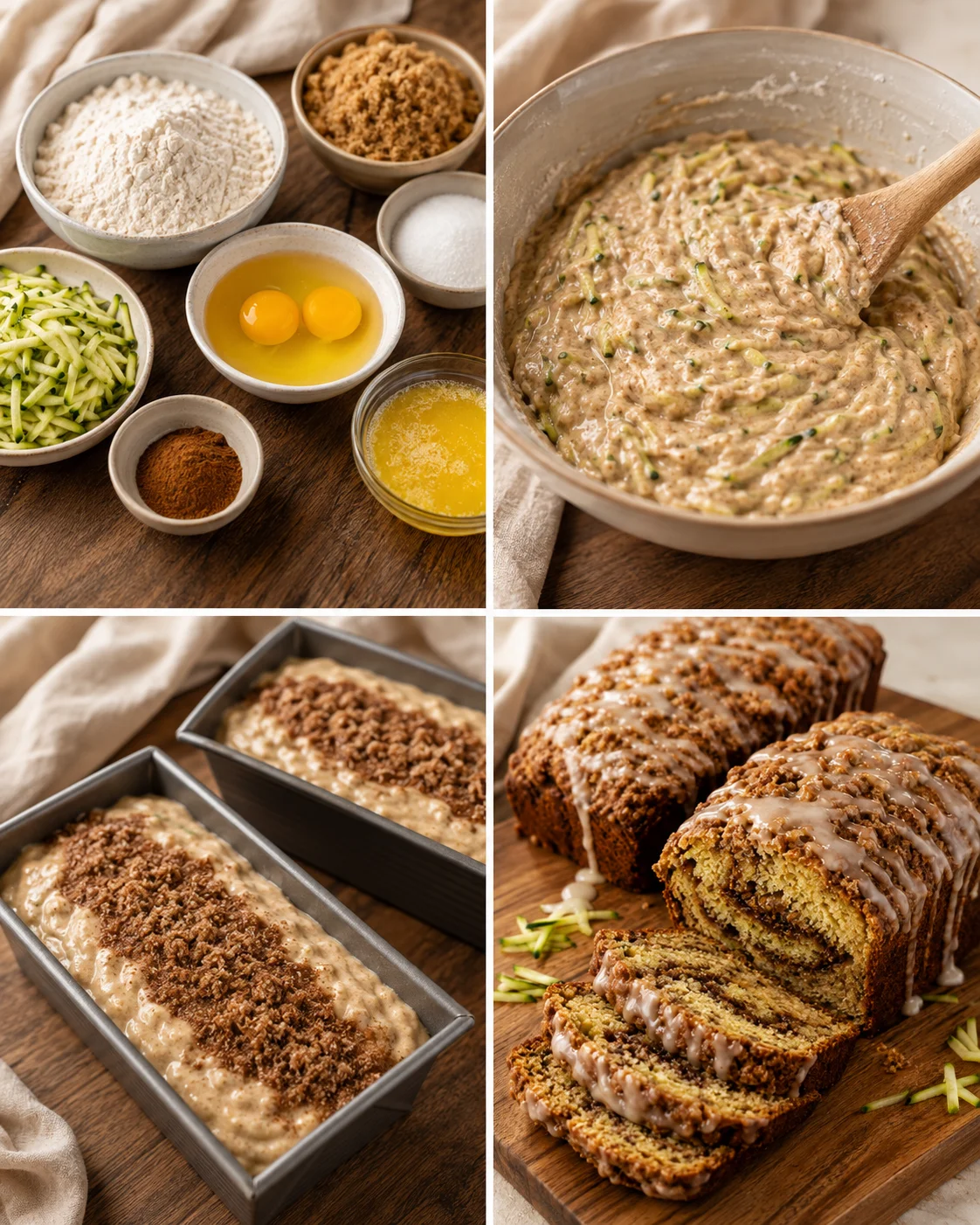 Delicious zucchini bread with a cinnamon swirl and crumbly topping, ready to bake.